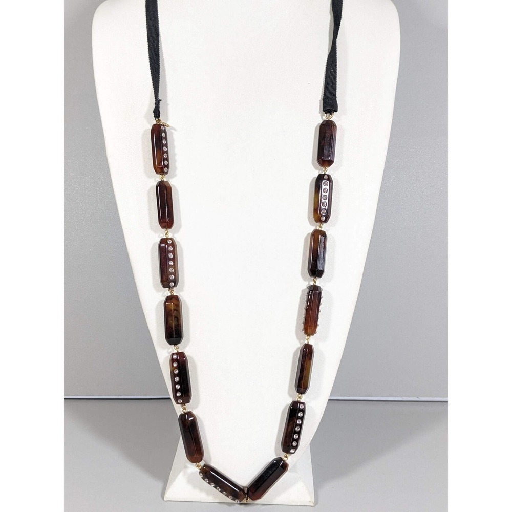 J. Crew Brown Acrylic Bar Crystal Black Ribbon Tie Long Necklace 40 inches